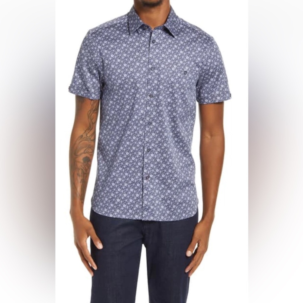 Ted Baker London Snobark Floral Slim Fit Button-Up Short Sleeve Shirt M